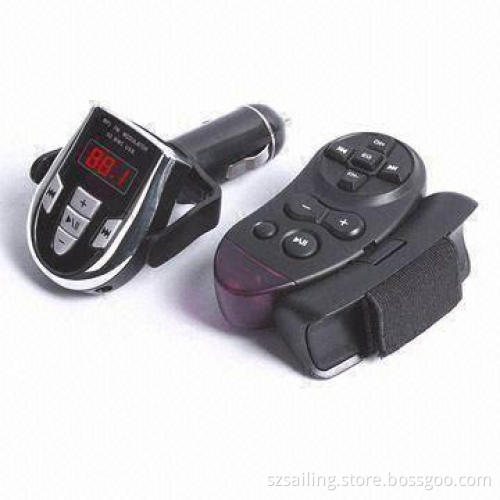 FM Transmitter with Steering Remote Control, Supports SD/MMC Card, WMA, and MP3 Files